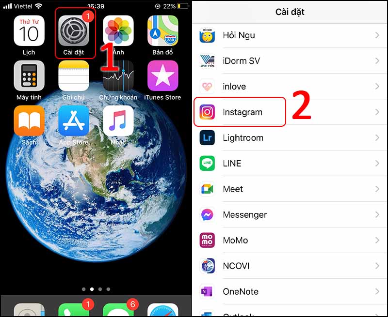 Chọn Cài đặt > Chọn mục Instagram.